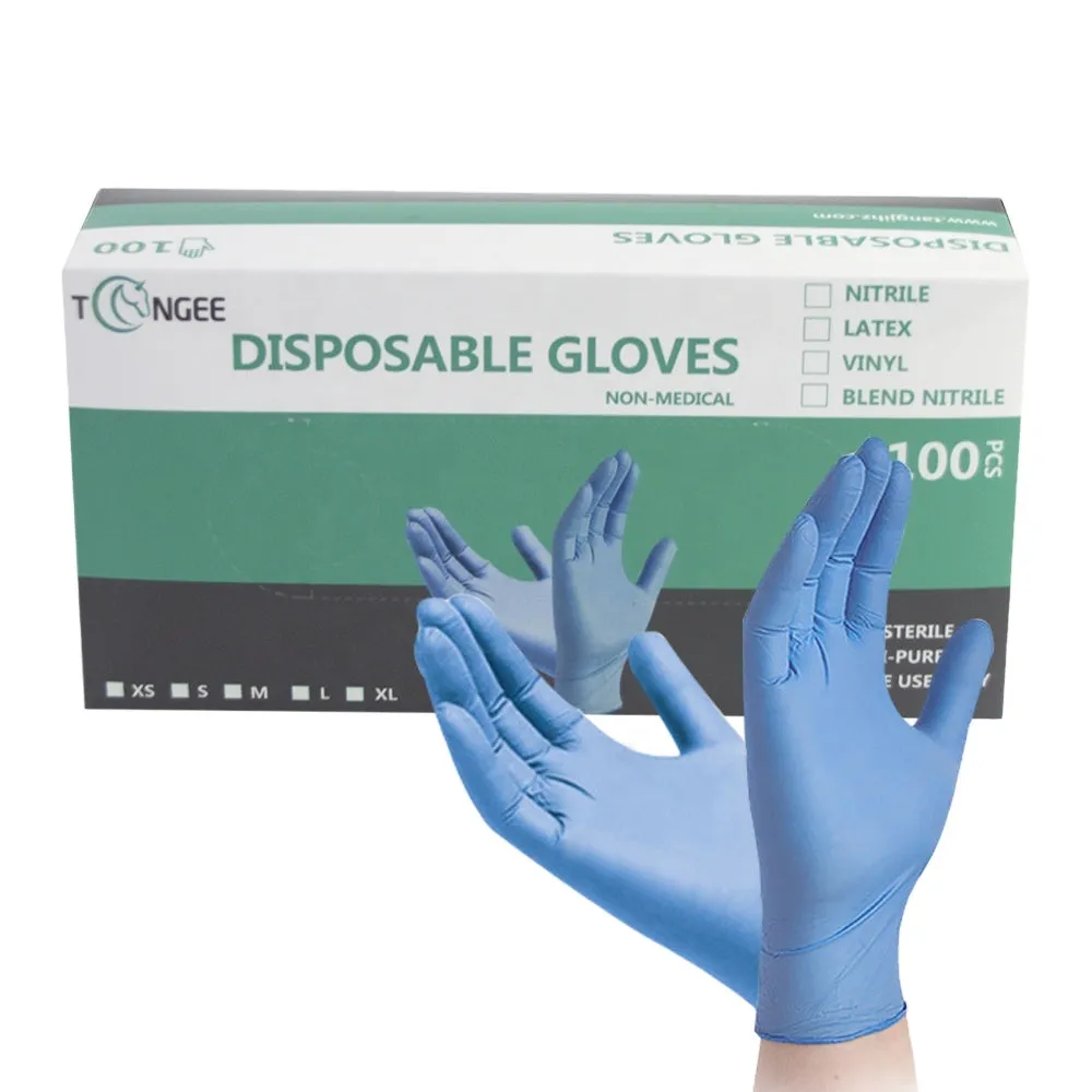 100 Pcs ( 1 box ) Disposable Gloves Synthetic Vinyl / Nitrile Blended Non-Med | Powder Free | Latex Free | Blue Color Gloves