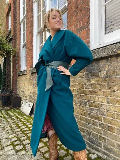 1980s Claude Montana Teal Green Wool Overcoat