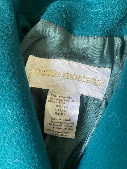 1980s Claude Montana Teal Green Wool Overcoat