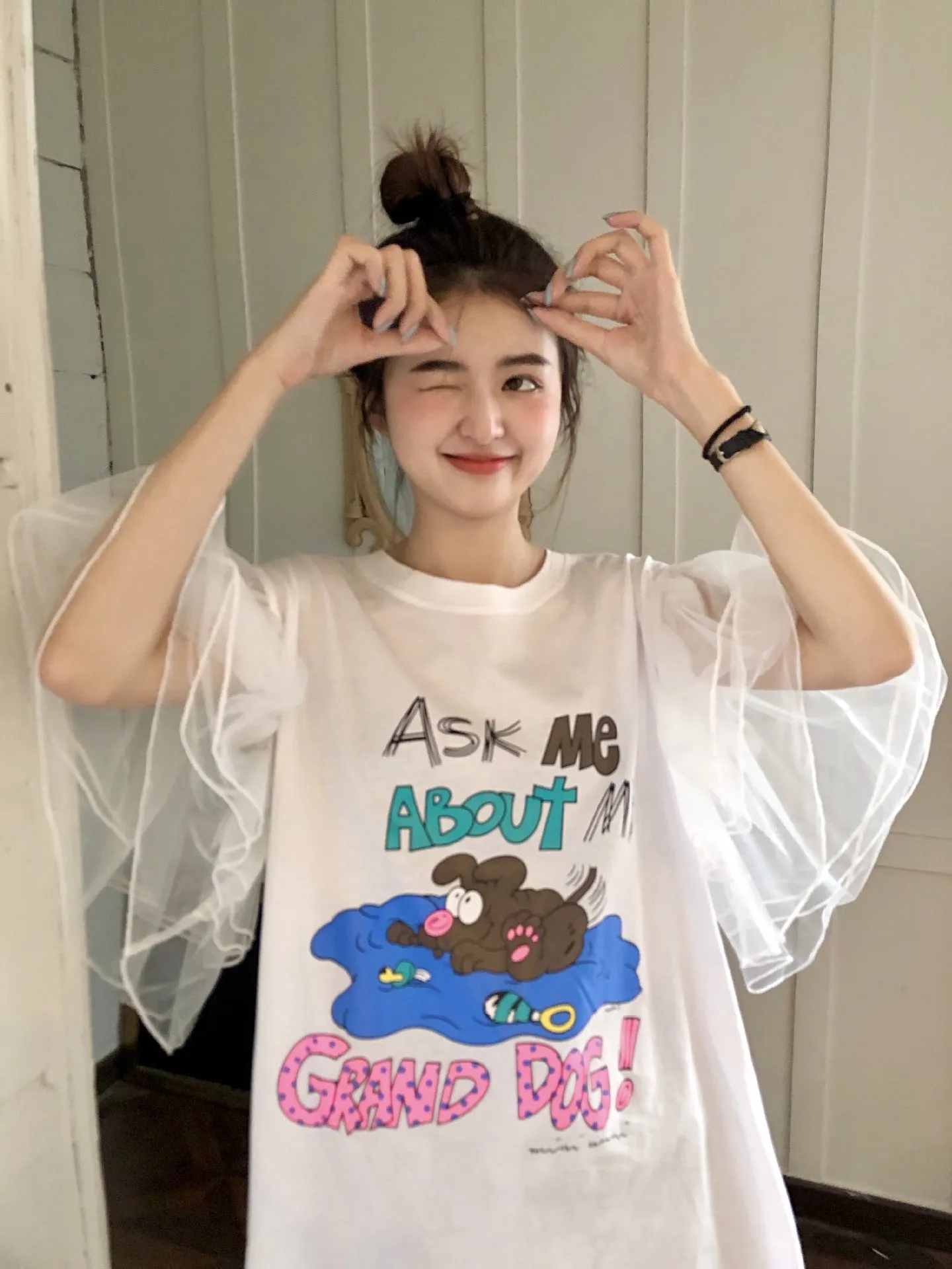 3D kawaii mesh bubble sleeve sweet long tee shirt cartoon printing cotton T-shirt look young