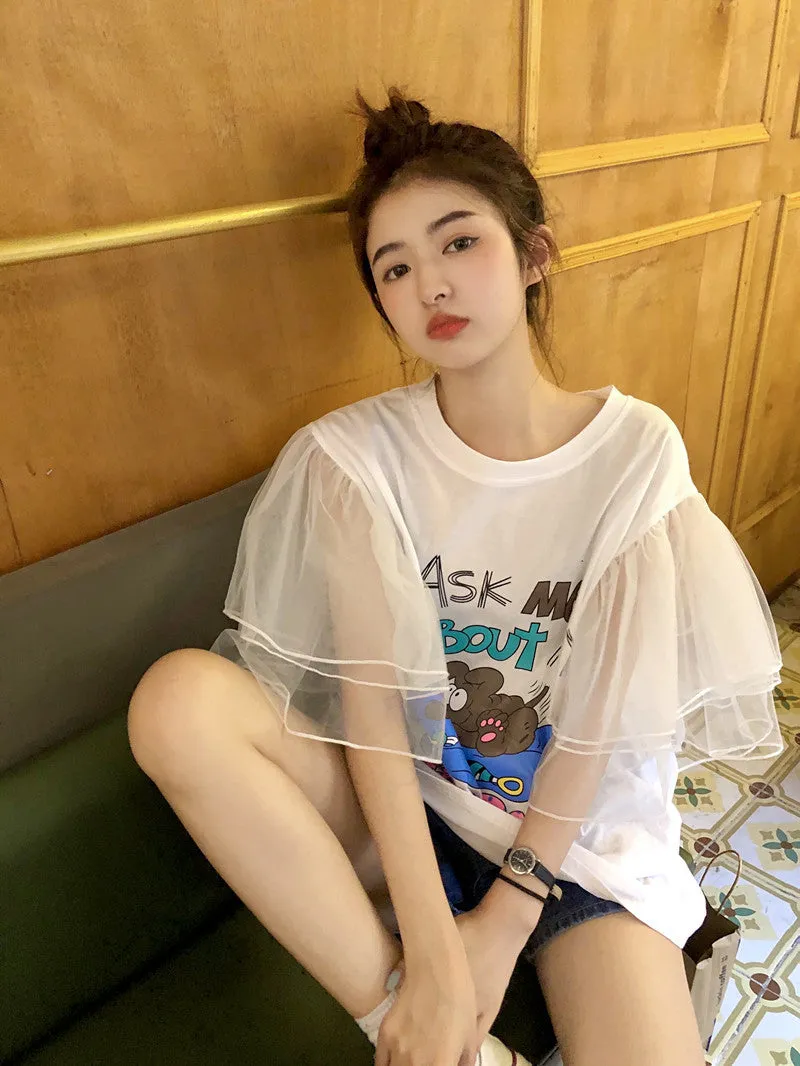 3D kawaii mesh bubble sleeve sweet long tee shirt cartoon printing cotton T-shirt look young