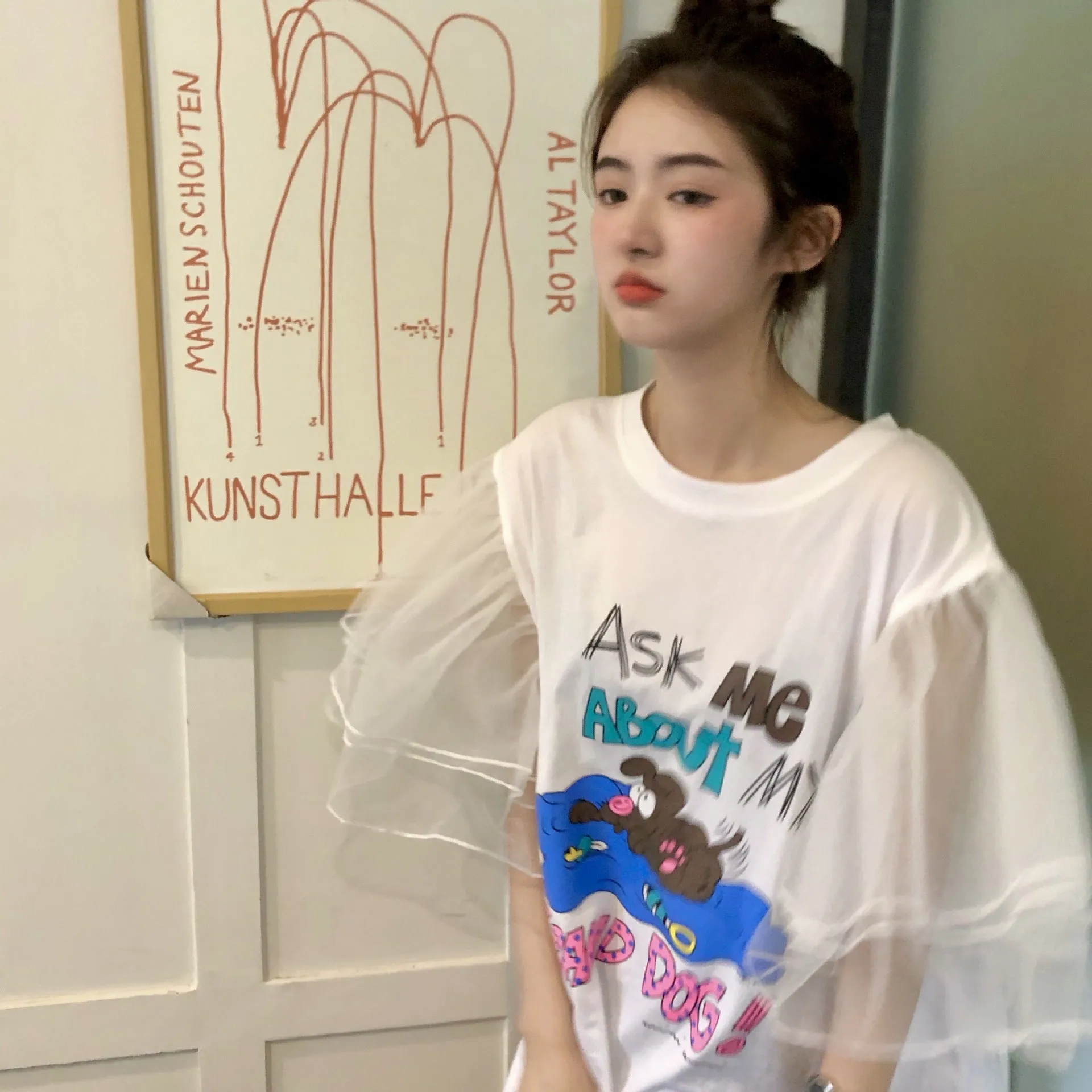 3D kawaii mesh bubble sleeve sweet long tee shirt cartoon printing cotton T-shirt look young