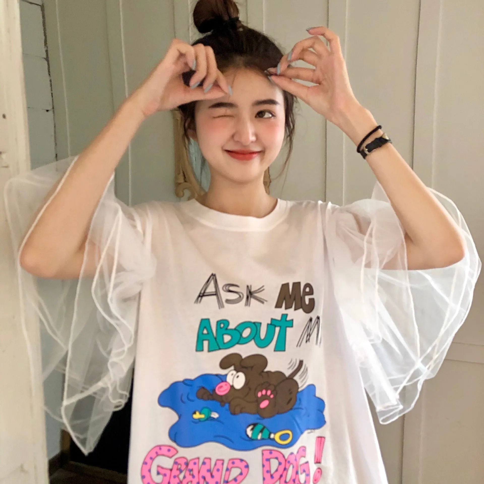 3D kawaii mesh bubble sleeve sweet long tee shirt cartoon printing cotton T-shirt look young