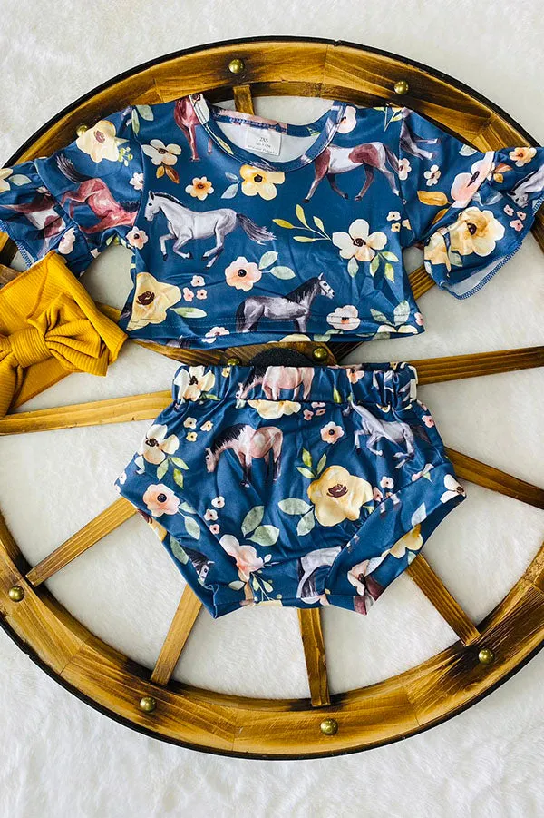 8698MZ Floral & horse printed baby girl 2pcs set