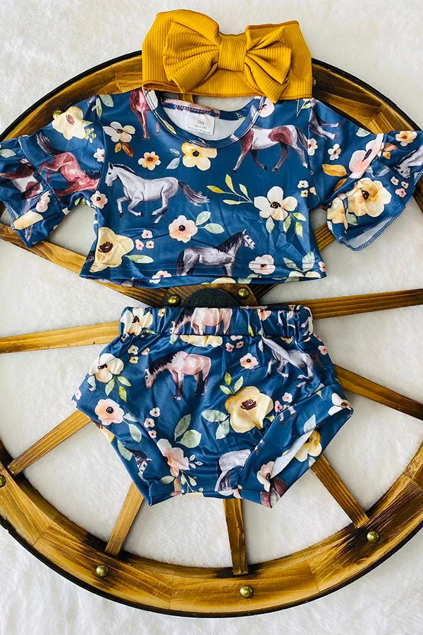 8698MZ Floral & horse printed baby girl 2pcs set