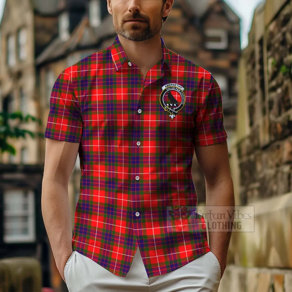 Abernethy Tartan Short Sleeve Button Shirt with Family Crest and Bearded Skull Holding Bottles of Whiskey