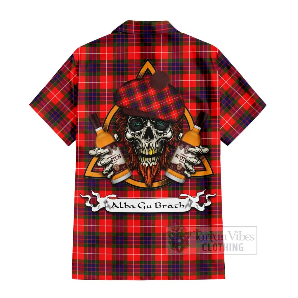 Abernethy Tartan Short Sleeve Button Shirt with Family Crest and Bearded Skull Holding Bottles of Whiskey