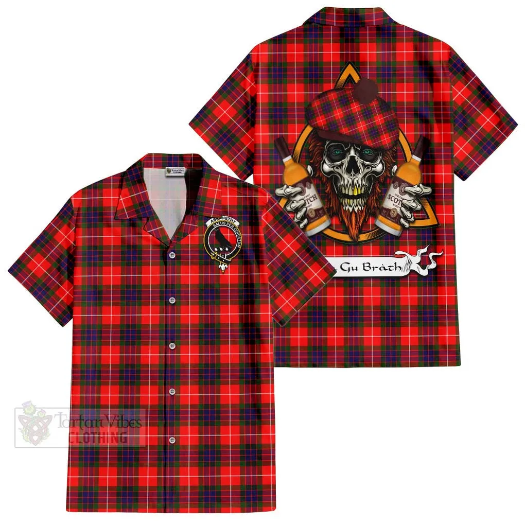 Abernethy Tartan Short Sleeve Button Shirt with Family Crest and Bearded Skull Holding Bottles of Whiskey