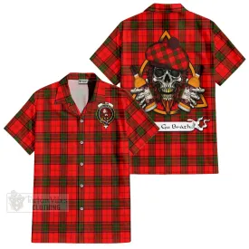 Adair Tartan Short Sleeve Button Shirt with Family Crest and Bearded Skull Holding Bottles of Whiskey