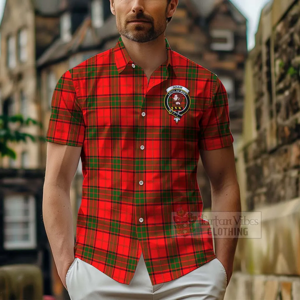 Adair Tartan Short Sleeve Button Shirt with Family Crest and Bearded Skull Holding Bottles of Whiskey