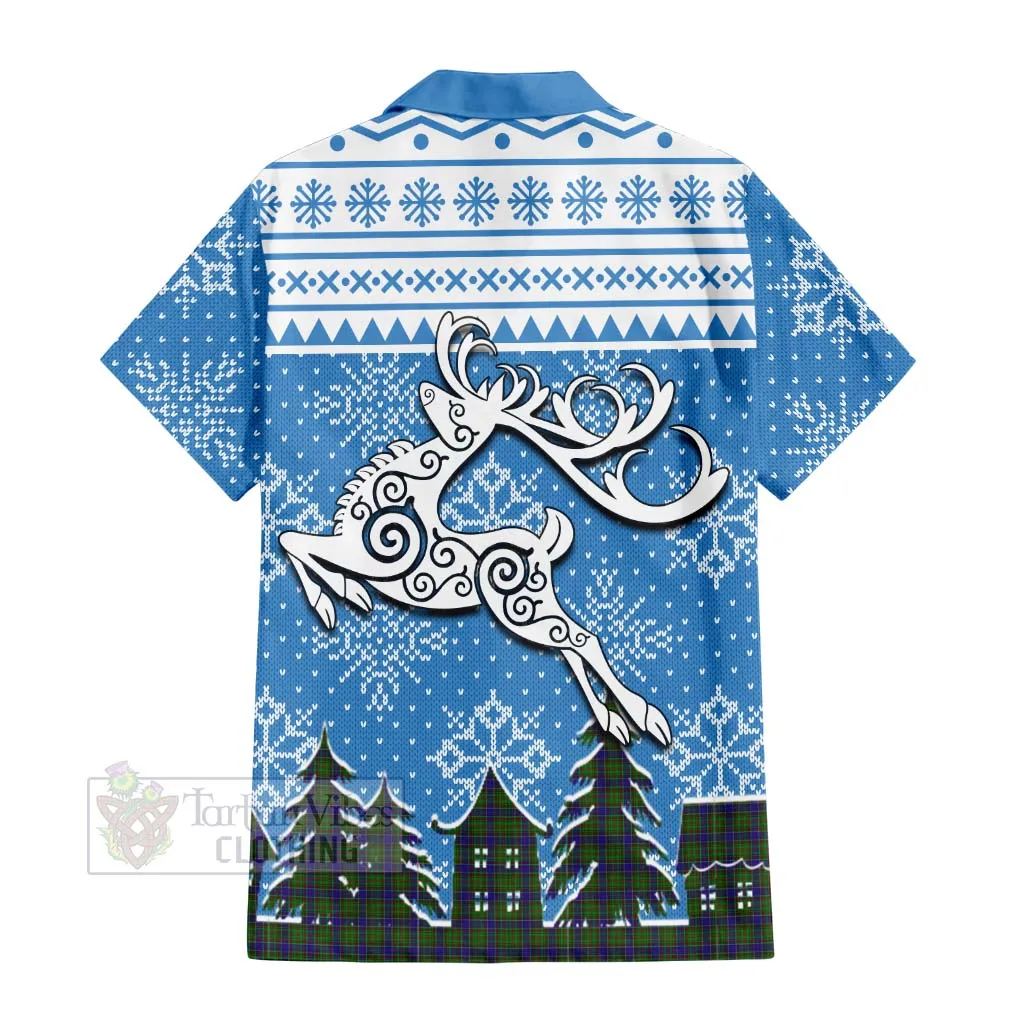 Adam Clan Christmas Short Sleeve Button Shirt Celtic Reindeer Style