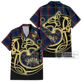 Agnew Tartan Short Sleeve Button Shirt with Family Crest Celtic Wolf Style