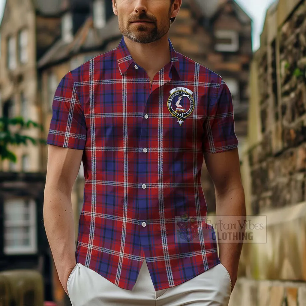 Ainslie Tartan Short Sleeve Button Shirt with Family Crest Celtic Skull Style