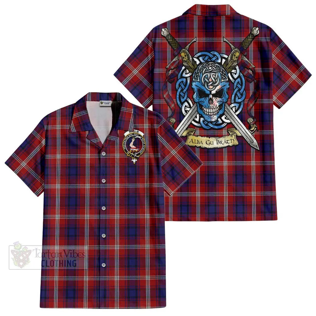 Ainslie Tartan Short Sleeve Button Shirt with Family Crest Celtic Skull Style