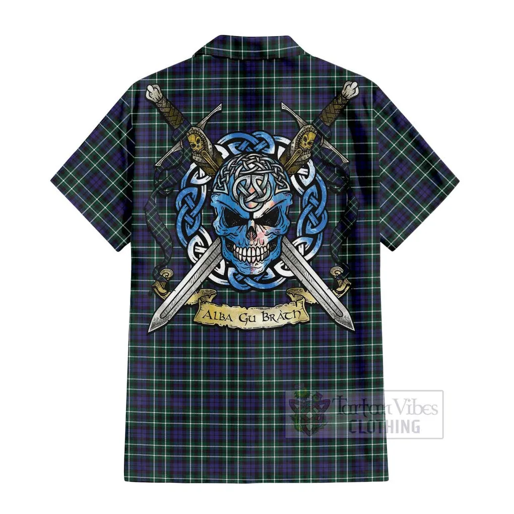 Allardice Tartan Short Sleeve Button Shirt with Family Crest Celtic Skull Style