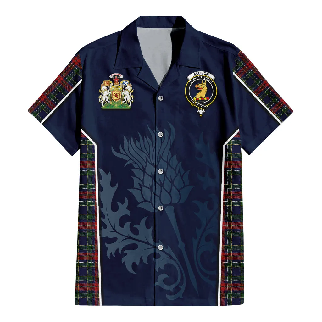 Allison Red Tartan Short Sleeve Button Up Shirt with Family Crest and Scottish Thistle Vibes Sport Style