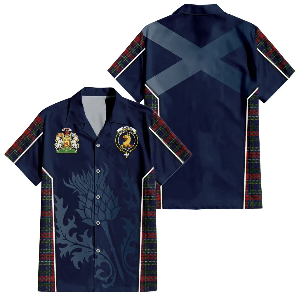 Allison Red Tartan Short Sleeve Button Up Shirt with Family Crest and Scottish Thistle Vibes Sport Style