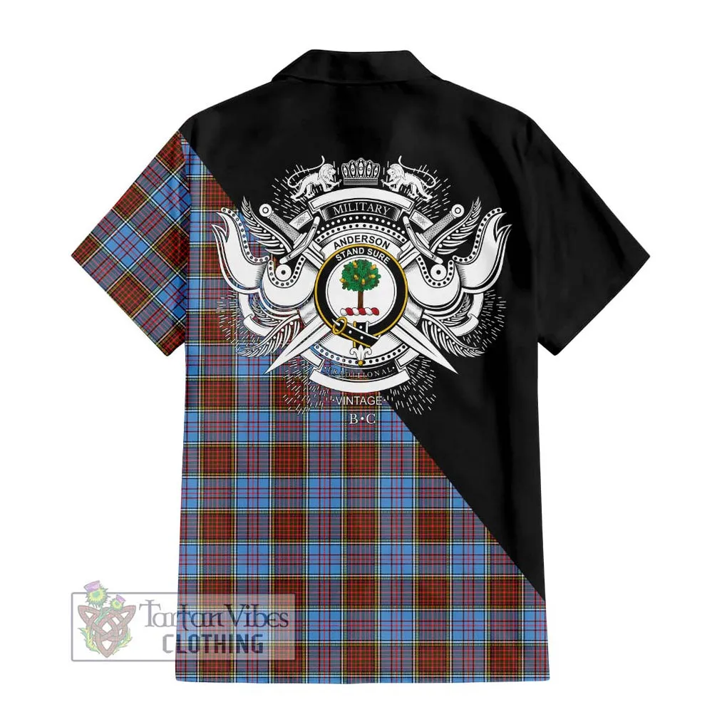 Anderson Modern Tartan Short Sleeve Button Shirt with Family Crest and Military Logo Style