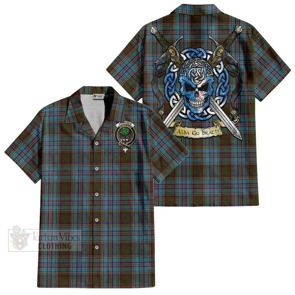 Anderson Tartan Short Sleeve Button Shirt with Family Crest Celtic Skull Style