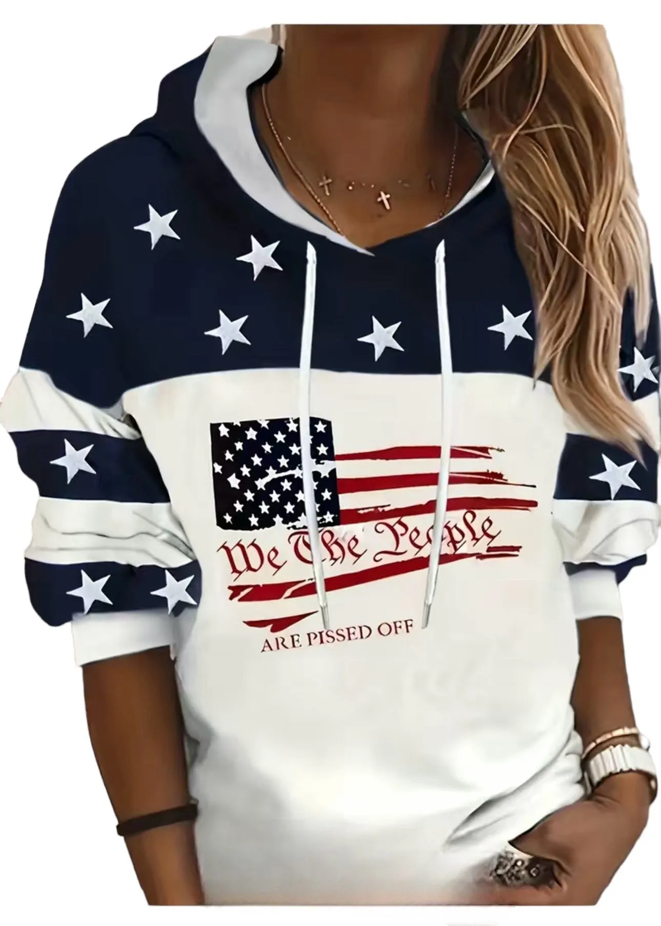 Andrea’s Deals Flag Print Drawstring Hoodie Large