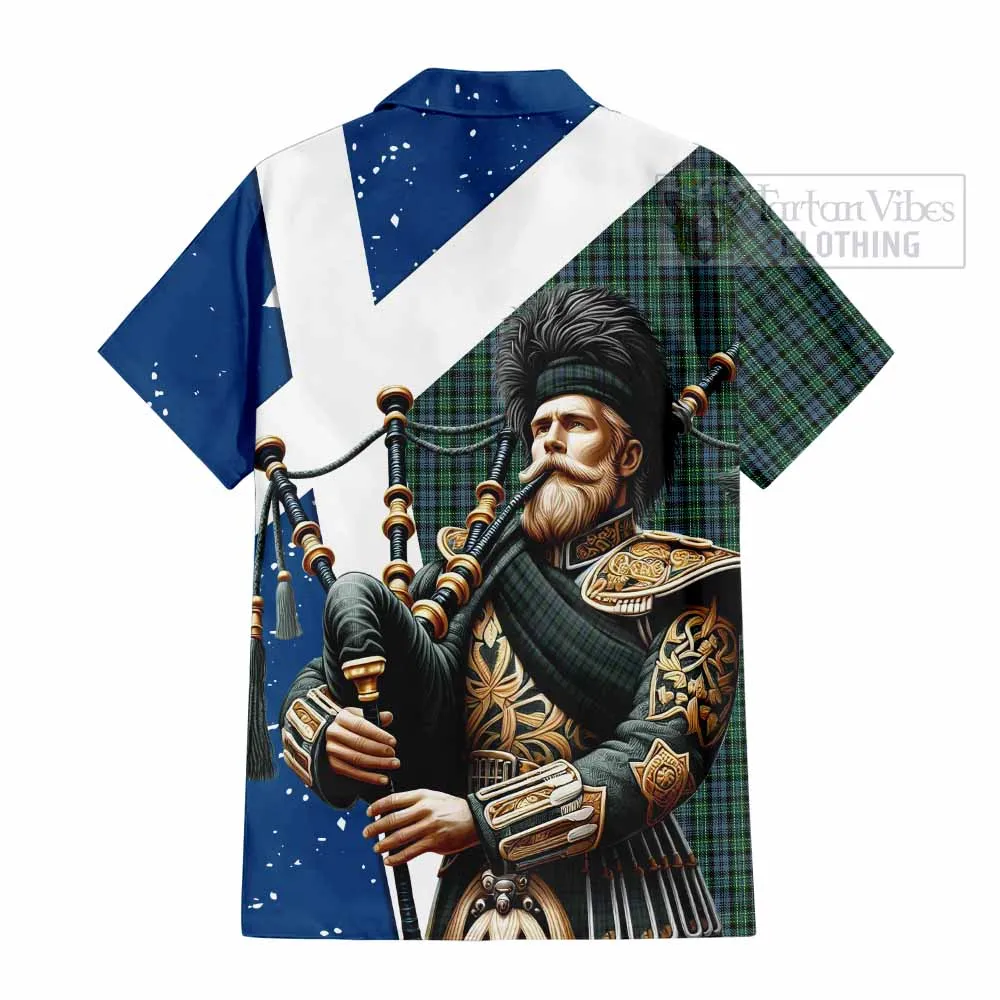 Arbuthnot Tartan Short Sleeve Button Shirt with Family Crest Scottish Bagpiper Vibes