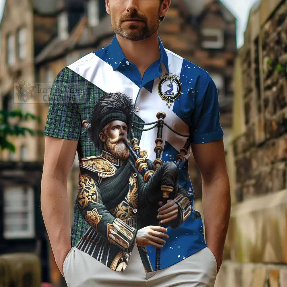 Arbuthnot Tartan Short Sleeve Button Shirt with Family Crest Scottish Bagpiper Vibes