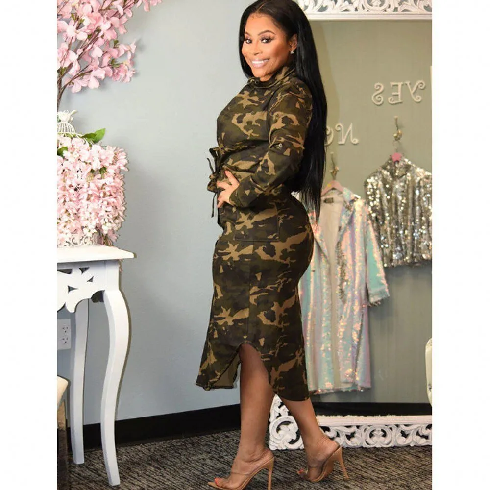 Asymmetric Casual Camo Dress, Mid-Calf