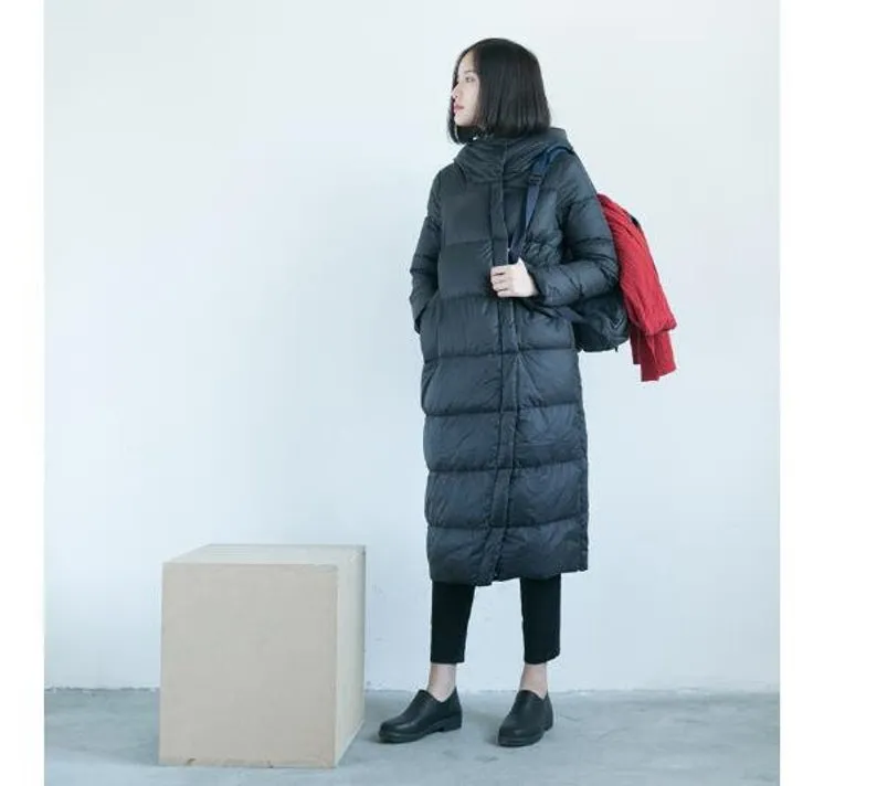 Asymmetry Hooded Long Winter Duck Down Jacket Large Collar Down Jacket Women