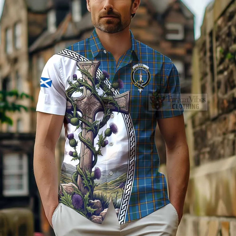 Bain Tartan Short Sleeve Button Shirt with Family Crest and St. Andrew's Cross Accented by Thistle Vines