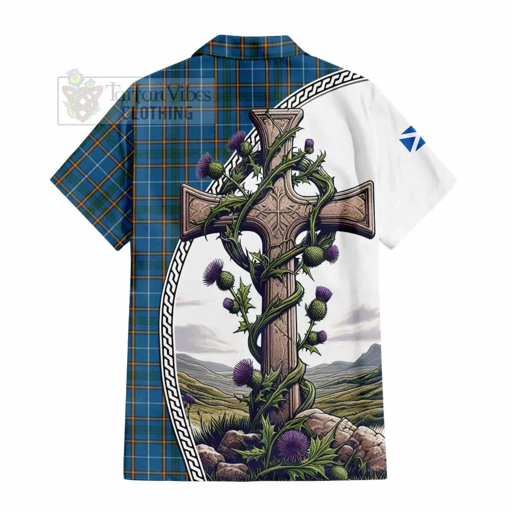 Bain Tartan Short Sleeve Button Shirt with Family Crest and St. Andrew's Cross Accented by Thistle Vines