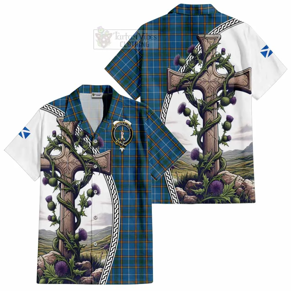 Bain Tartan Short Sleeve Button Shirt with Family Crest and St. Andrew's Cross Accented by Thistle Vines