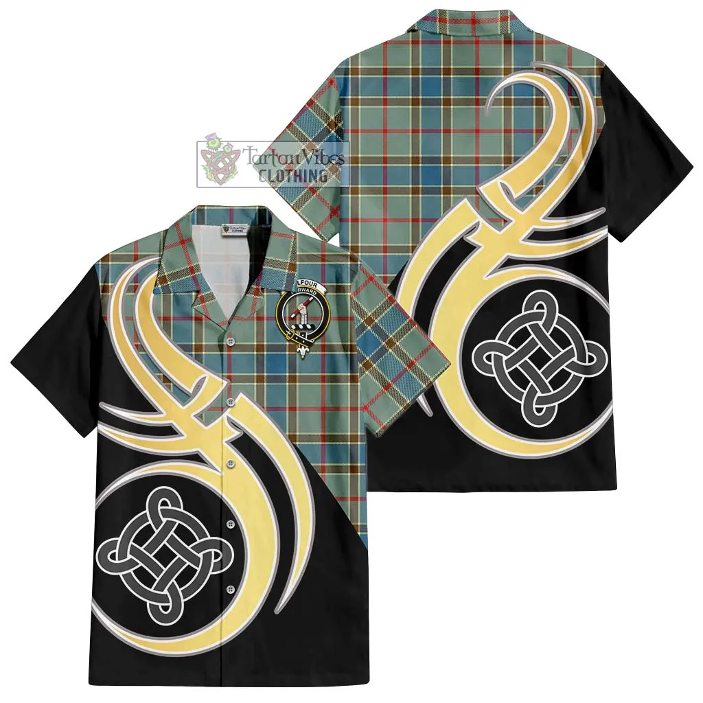 Balfour Blue Tartan Short Sleeve Button Shirt with Family Crest and Celtic Symbol Style