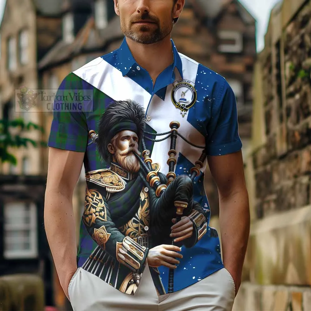 Barclay Tartan Short Sleeve Button Shirt with Family Crest Scottish Bagpiper Vibes