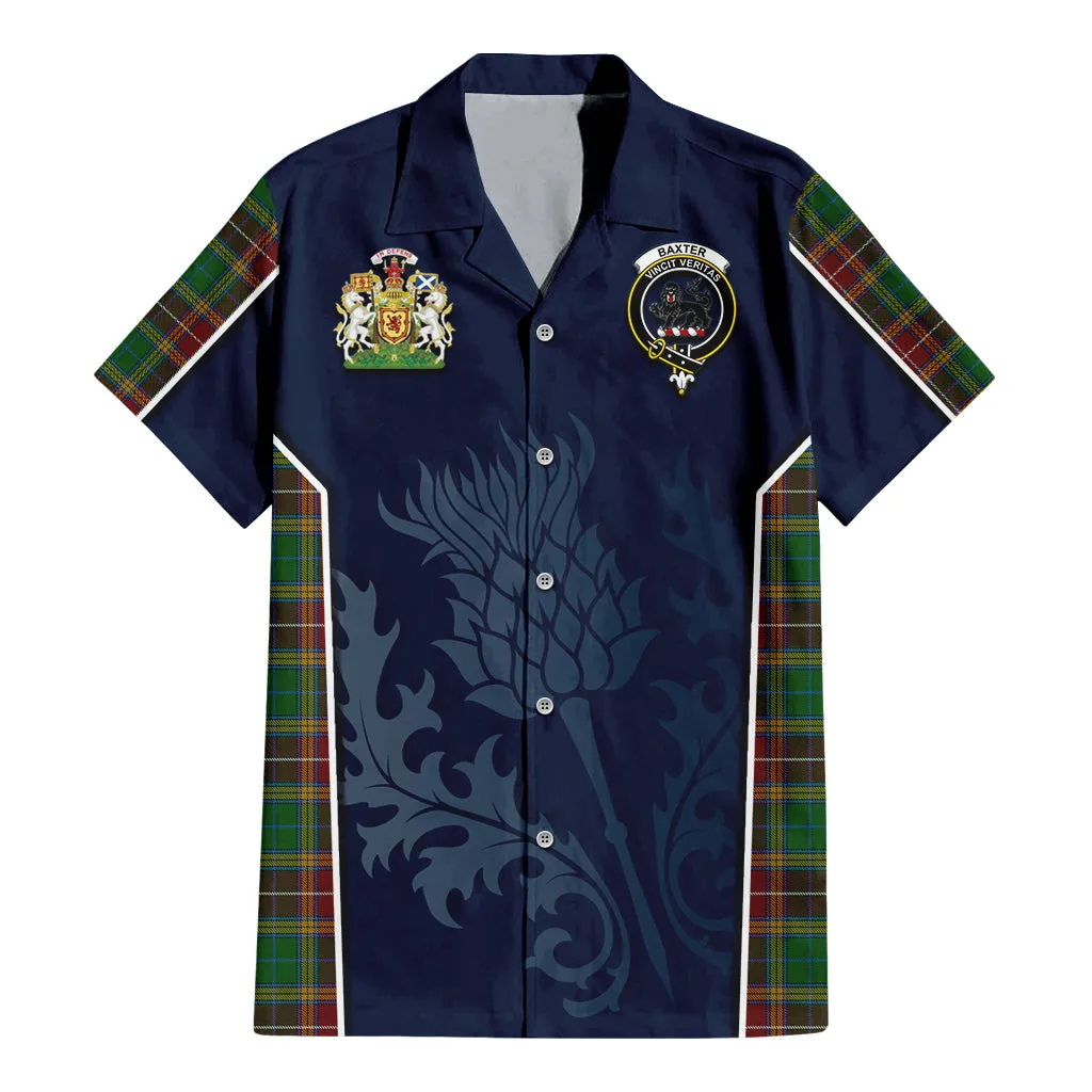 Baxter Tartan Short Sleeve Button Up Shirt with Family Crest and Scottish Thistle Vibes Sport Style