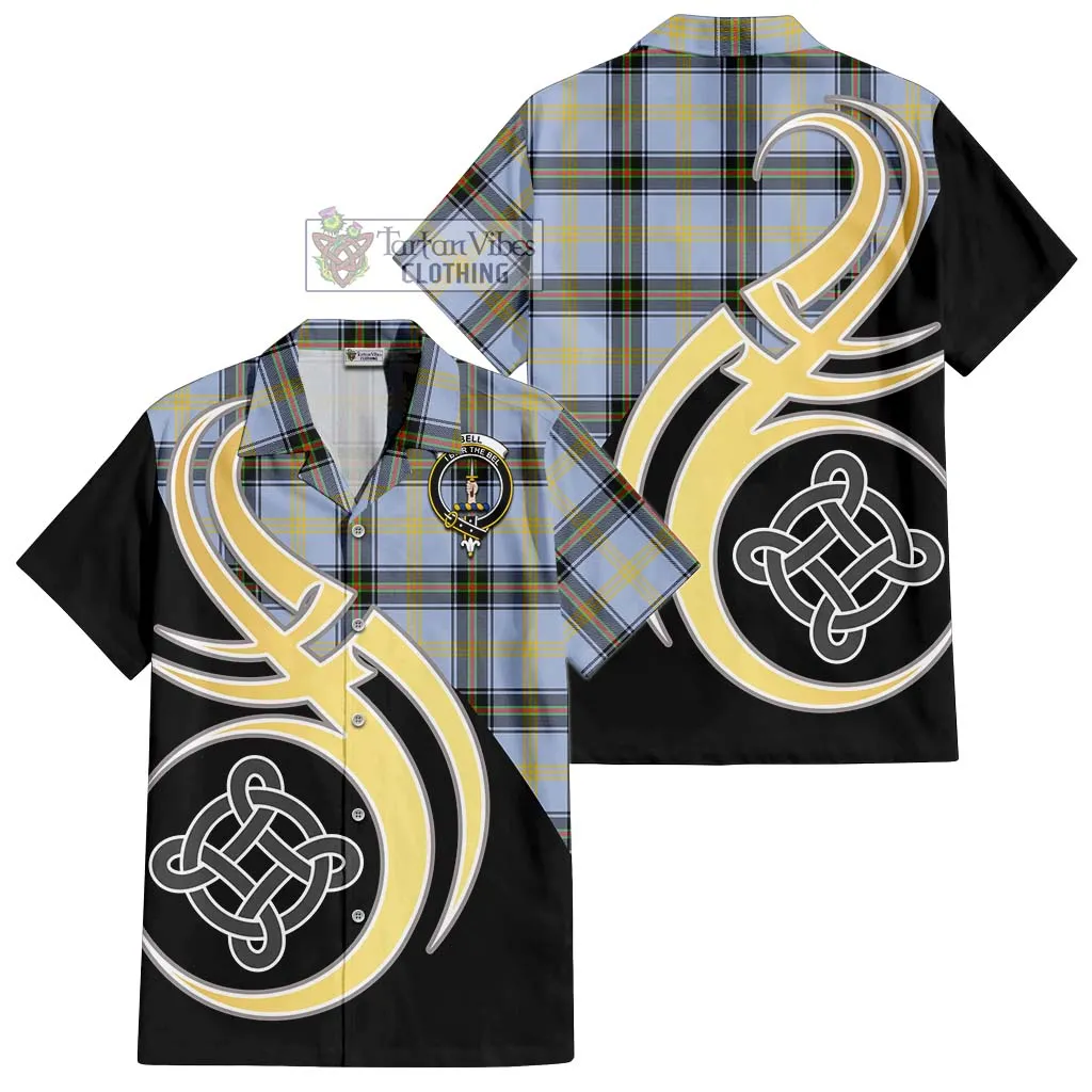 Bell Tartan Short Sleeve Button Shirt with Family Crest and Celtic Symbol Style