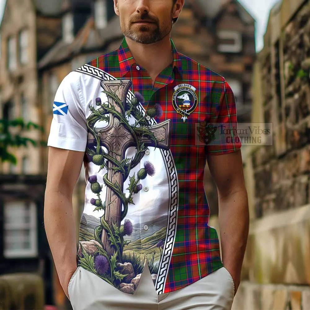 Belshes (Belsches) Tartan Short Sleeve Button Shirt with Family Crest and St. Andrew's Cross Accented by Thistle Vines