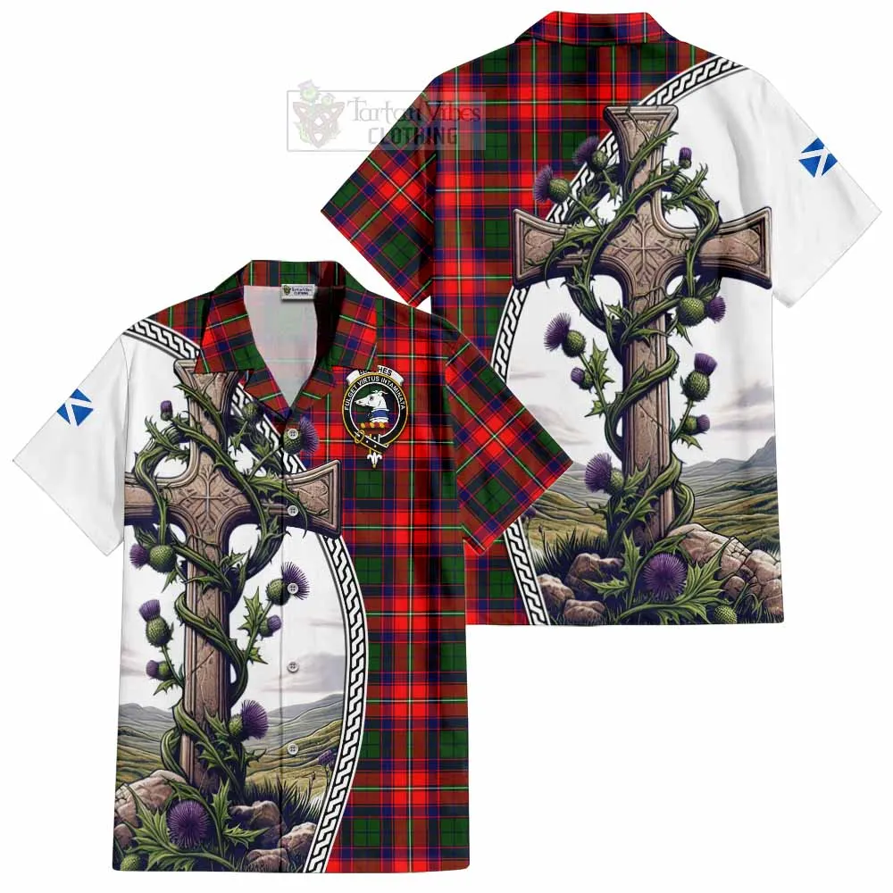 Belshes (Belsches) Tartan Short Sleeve Button Shirt with Family Crest and St. Andrew's Cross Accented by Thistle Vines