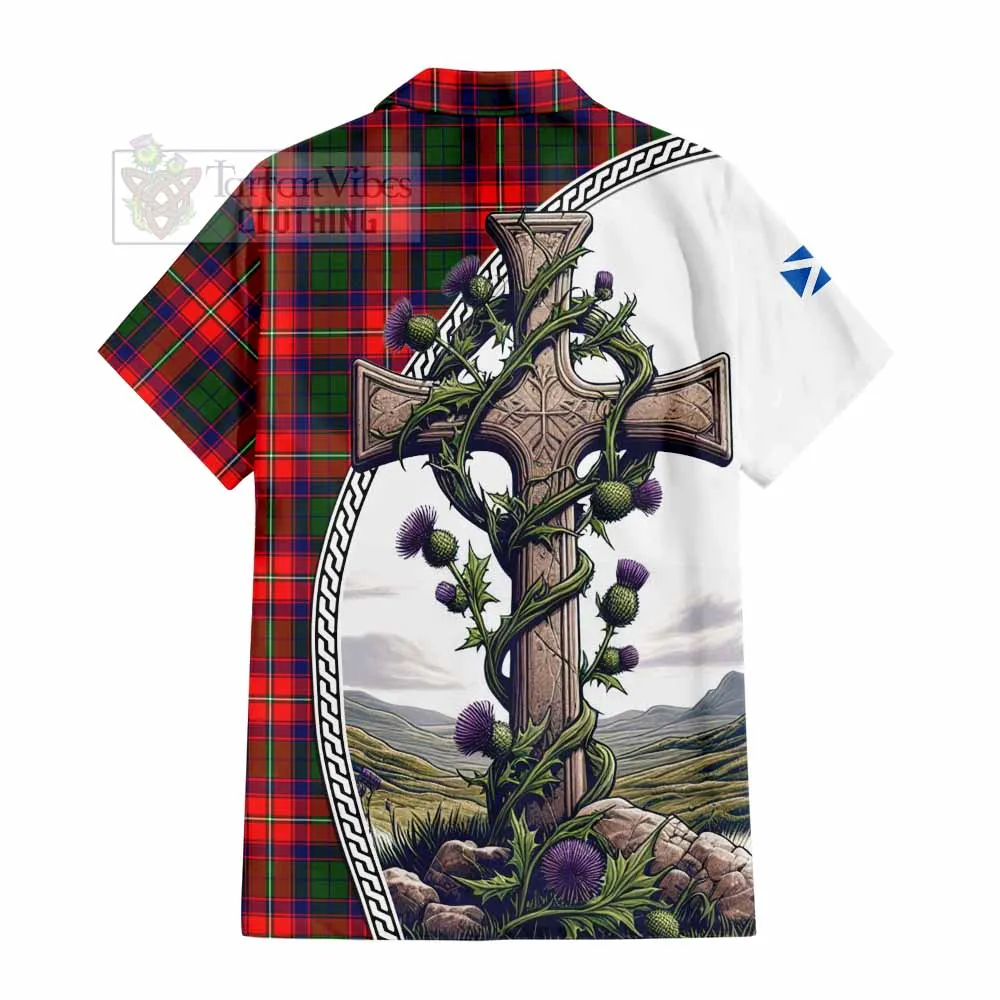 Belshes (Belsches) Tartan Short Sleeve Button Shirt with Family Crest and St. Andrew's Cross Accented by Thistle Vines