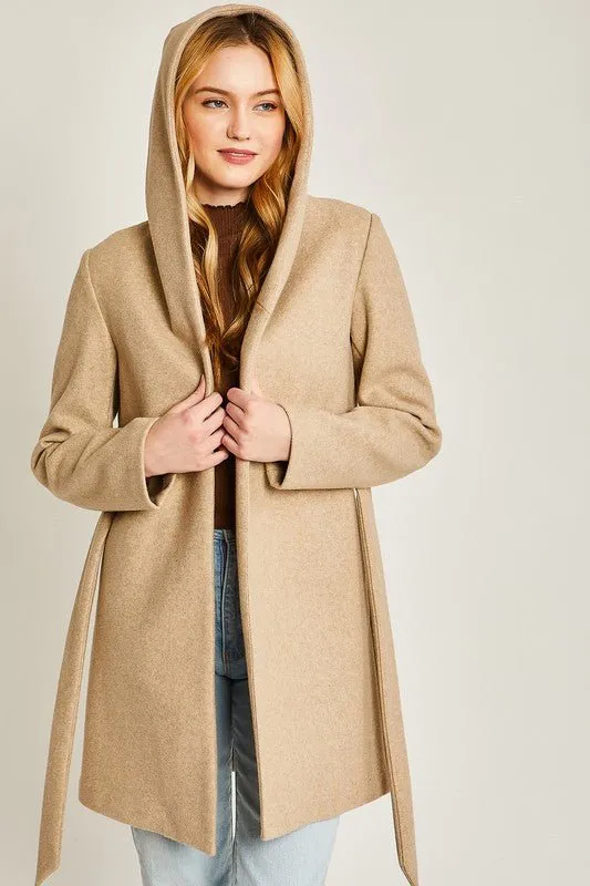 Belted Coat With Hoodie