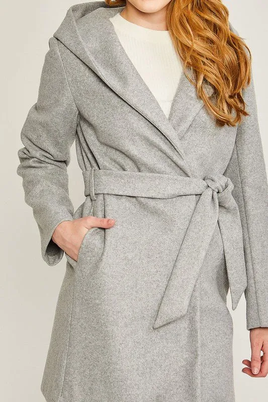 Belted Coat With Hoodie