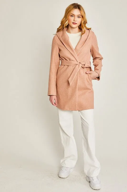 Belted Coat With Hoodie