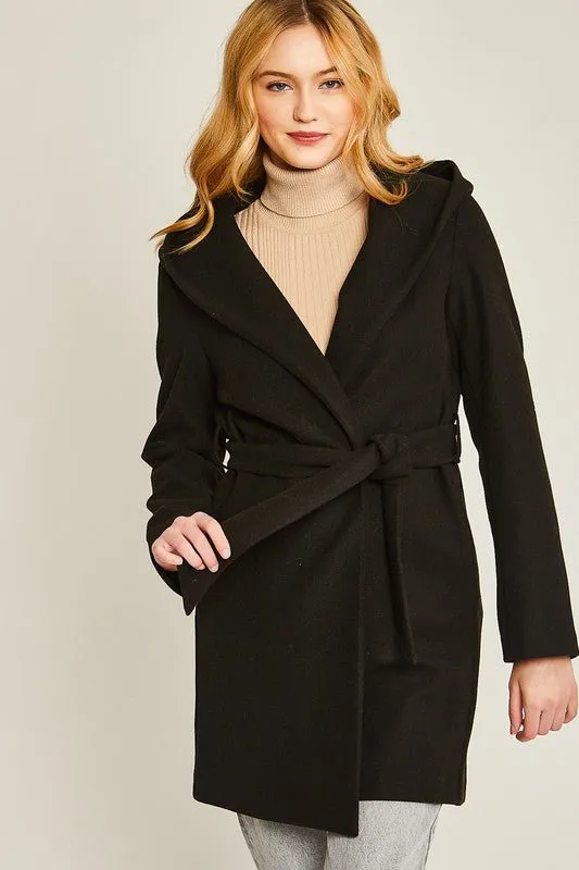 Belted Coat With Hoodie