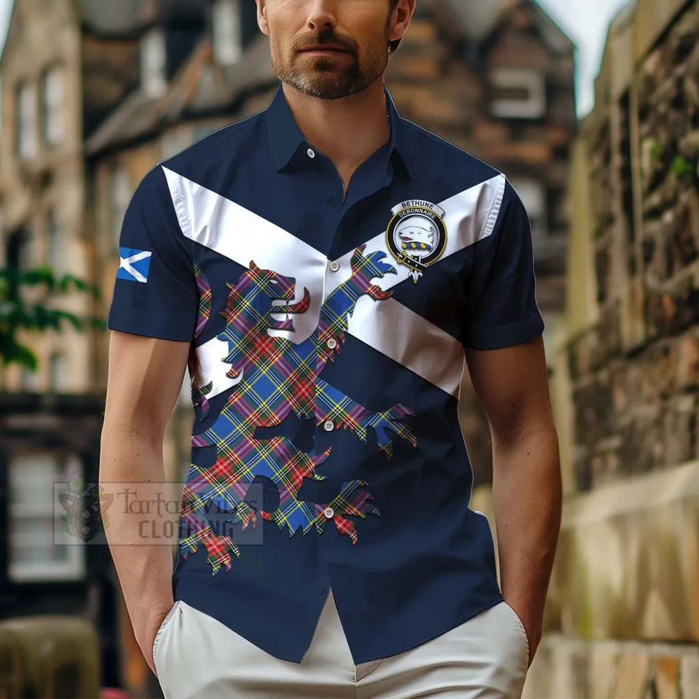 Bethune Tartan Lion Rampant Short Sleeve Button Shirt  Proudly Display Your Heritage with Alba Gu Brath and Clan Name