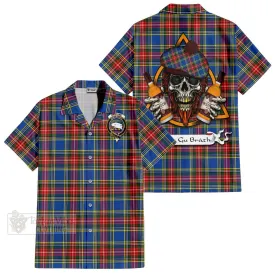 Bethune Tartan Short Sleeve Button Shirt with Family Crest and Bearded Skull Holding Bottles of Whiskey