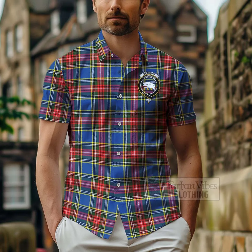 Bethune Tartan Short Sleeve Button Shirt with Family Crest and Bearded Skull Holding Bottles of Whiskey