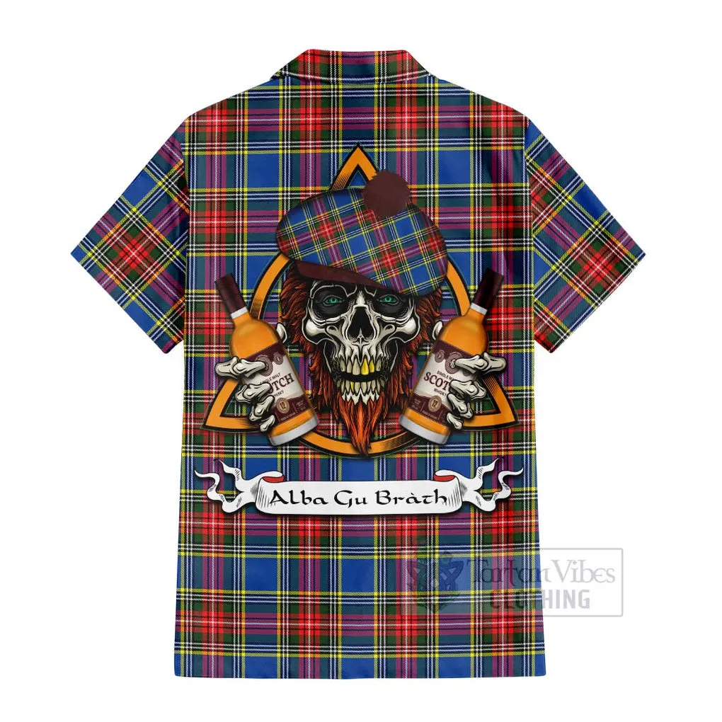 Bethune Tartan Short Sleeve Button Shirt with Family Crest and Bearded Skull Holding Bottles of Whiskey