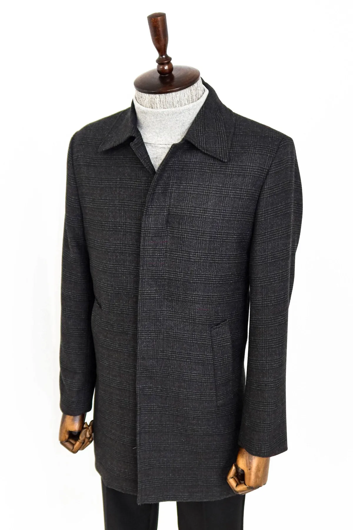 Black Hidden Button Peak Lapel Coat - Wessi