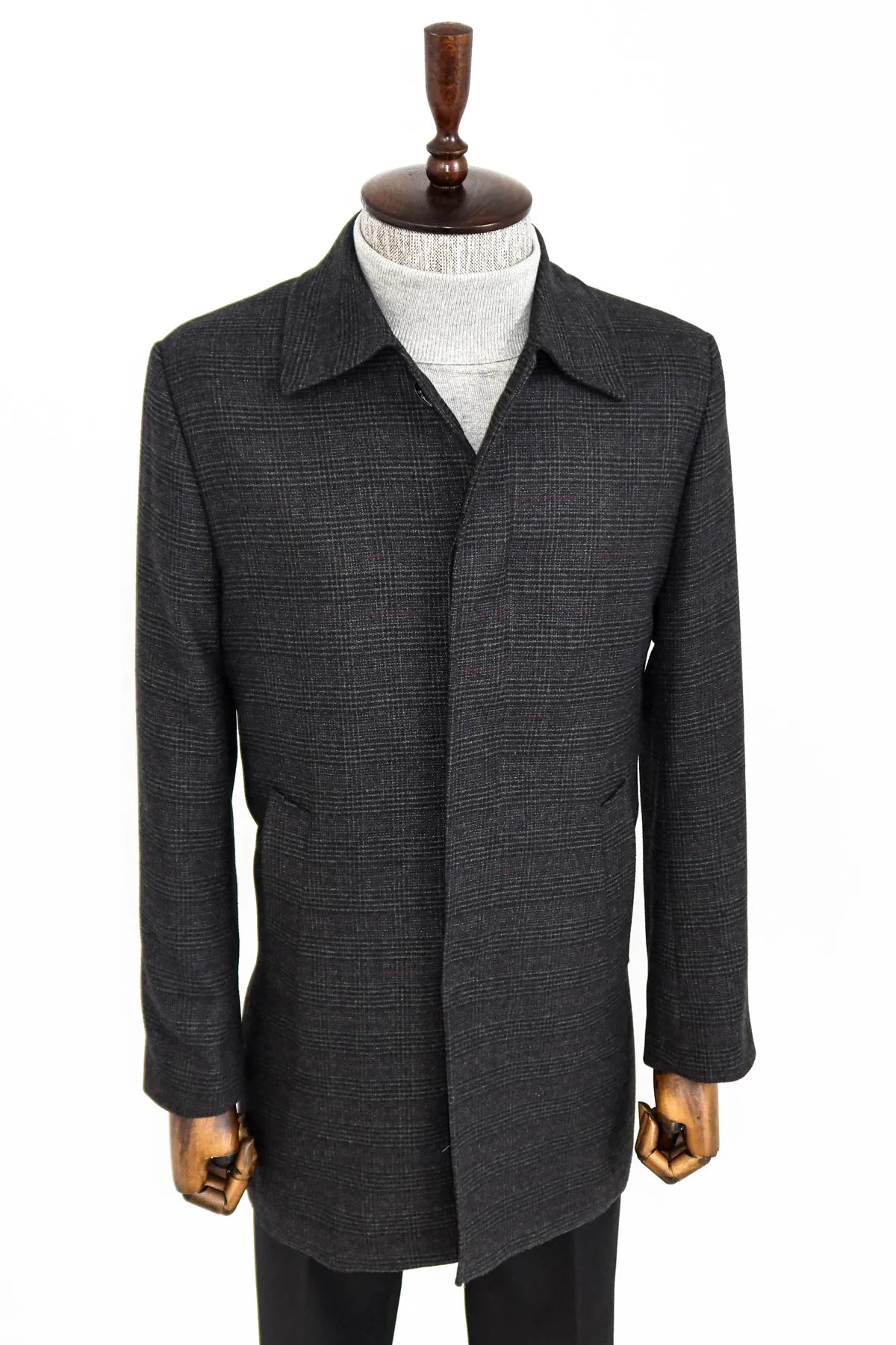 Black Hidden Button Peak Lapel Coat - Wessi