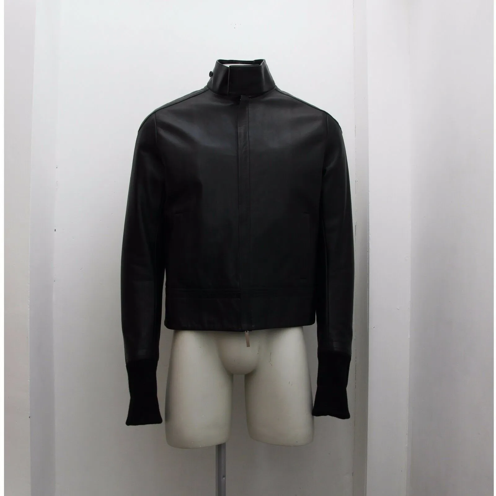 Black Leather Cafe Racer Jacket With Extended Cuffs