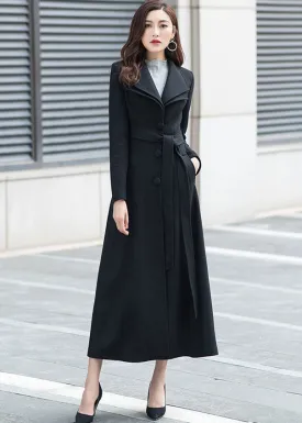 Black Solid Fit and Flare Wool Coat 2961